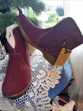 Fleece-Lined Burgundy Suede Winter Ankle Boots